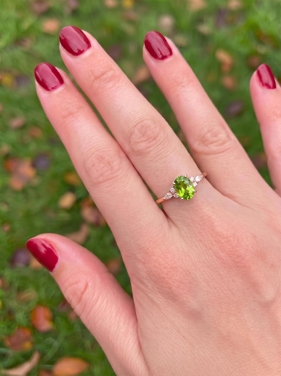 Vibrant Peridot & Diamond Cluster Ring | 14K Gold Delicate Oval Gemstone Ring | August Birthstone Gift for Her | Engagement Promise Ring