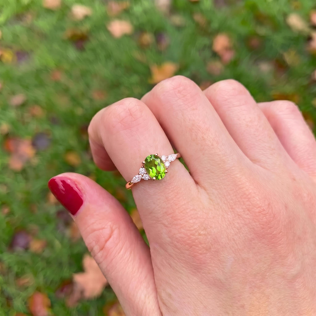 Vibrant Peridot & Diamond Cluster Ring | 14K Gold Delicate Oval Gemstone Ring | August Birthstone Gift for Her | Engagement Promise Ring