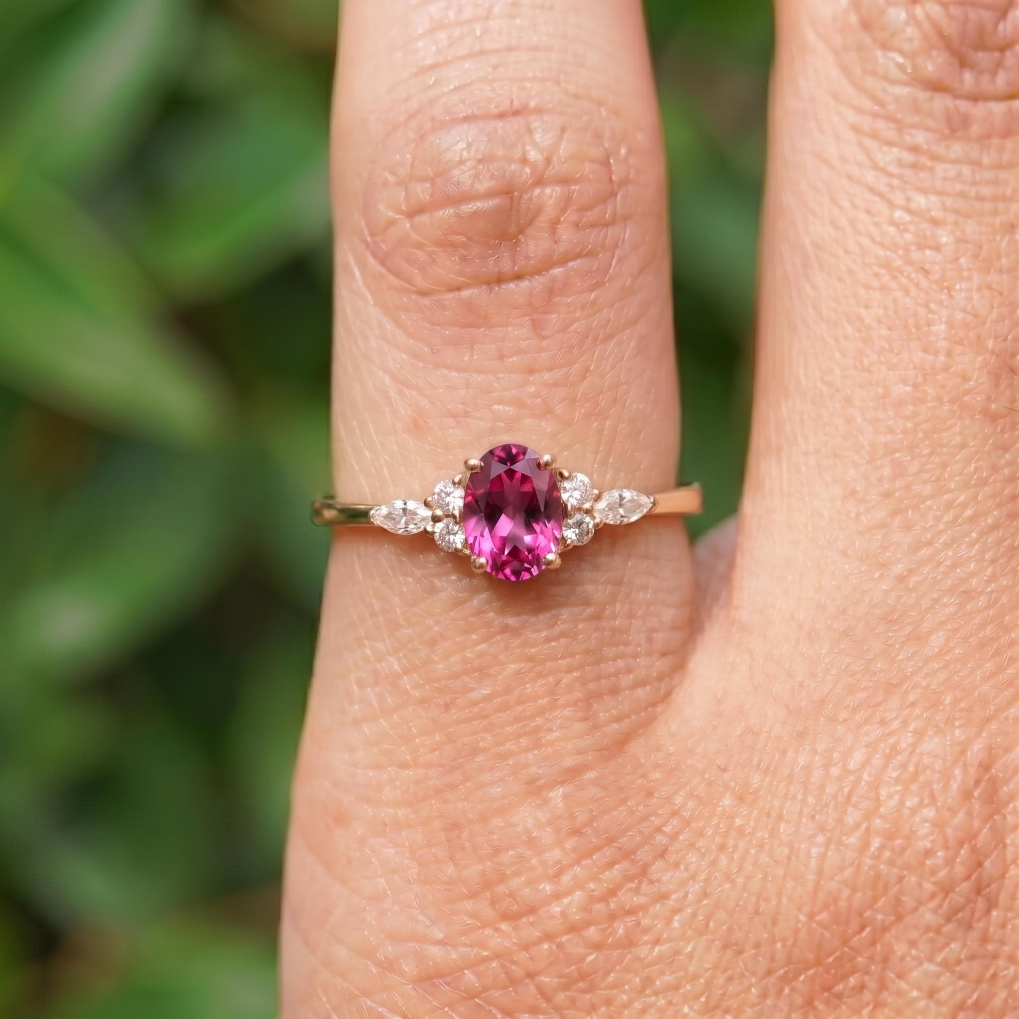 Elegant Oval Pink Tourmaline Ring | Diamond Cluster Engagement Ring | Delicate Promise Ring | Anniversary Ring Gift for Her