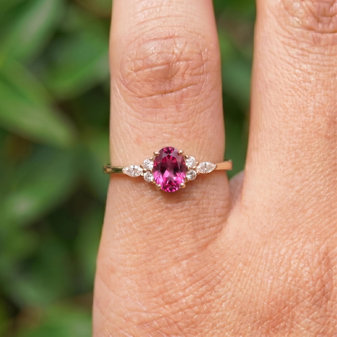 Elegant Oval Pink Tourmaline Ring | Diamond Cluster Engagement Ring | Delicate Promise Ring | Anniversary Ring Gift for Her