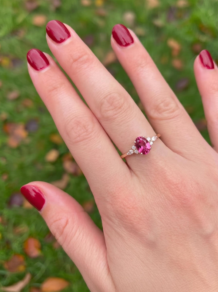 Elegant Oval Pink Tourmaline Ring | Diamond Cluster Engagement Ring | Delicate Promise Ring | Anniversary Ring Gift for Her