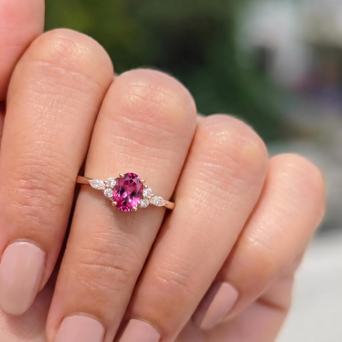 Elegant Oval Pink Tourmaline Ring | Diamond Cluster Engagement Ring | Delicate Promise Ring | Anniversary Ring Gift for Her
