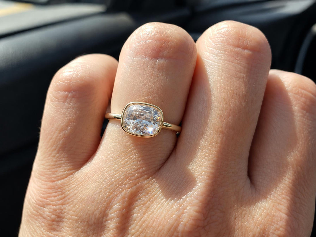 East West Cushion Bezel Ring, 925 Sterling Silver, 10x8mm CZ Solitaire, Elongated Cushion Cut Engagement Ring, Promise Ring for Women