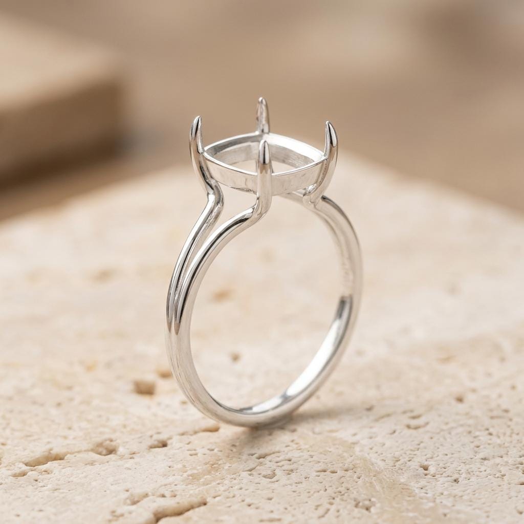 Engagement Ring Mount, Elongated Cushion 9x7mm Split Shank, 925 Sterling Silver 4 Prong Semi Mount Setting Only for DIY