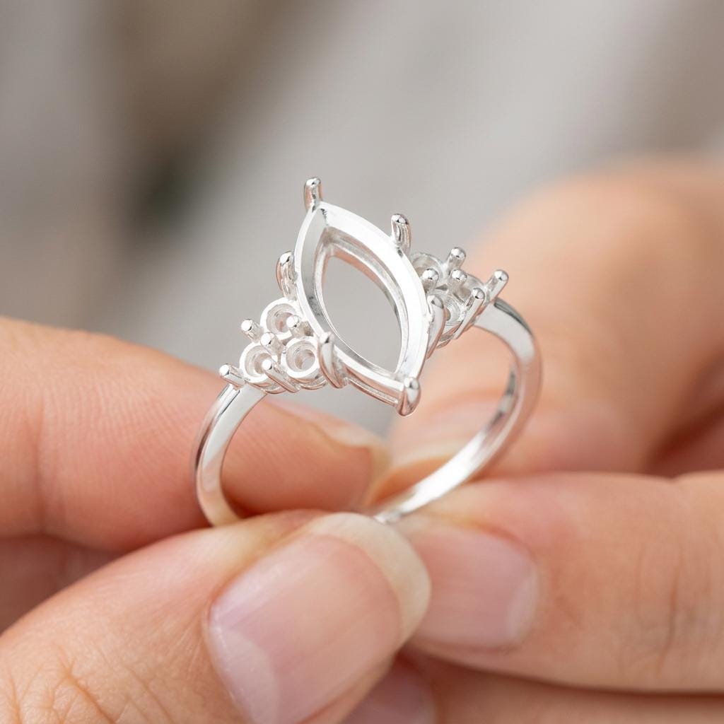 Slim Band Marquise Ring Setting 10x5mm Sterling Silver, Semi Mount Engagement Ring Blank, 6 Prong Head, 6 Side Seats, Setting Only