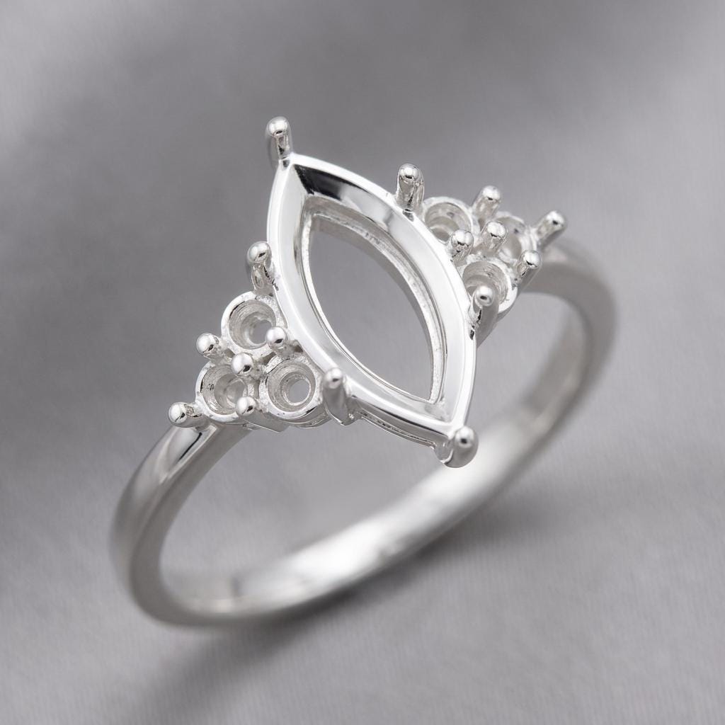 Slim Band Marquise Ring Setting 10x5mm Sterling Silver, Semi Mount Engagement Ring Blank, 6 Prong Head, 6 Side Seats, Setting Only