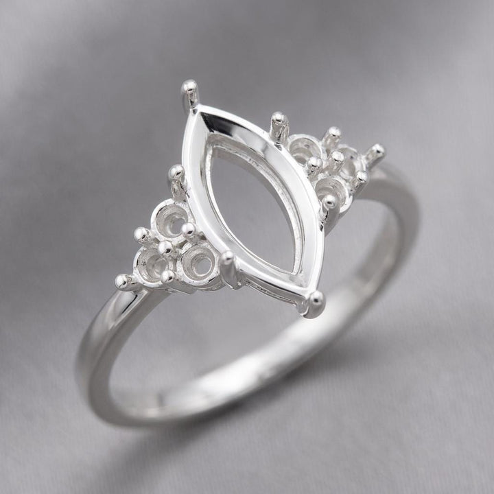 Slim Band Marquise Ring Setting 10x5mm Sterling Silver, Semi Mount Engagement Ring Blank, 6 Prong Head, 6 Side Seats, Setting Only