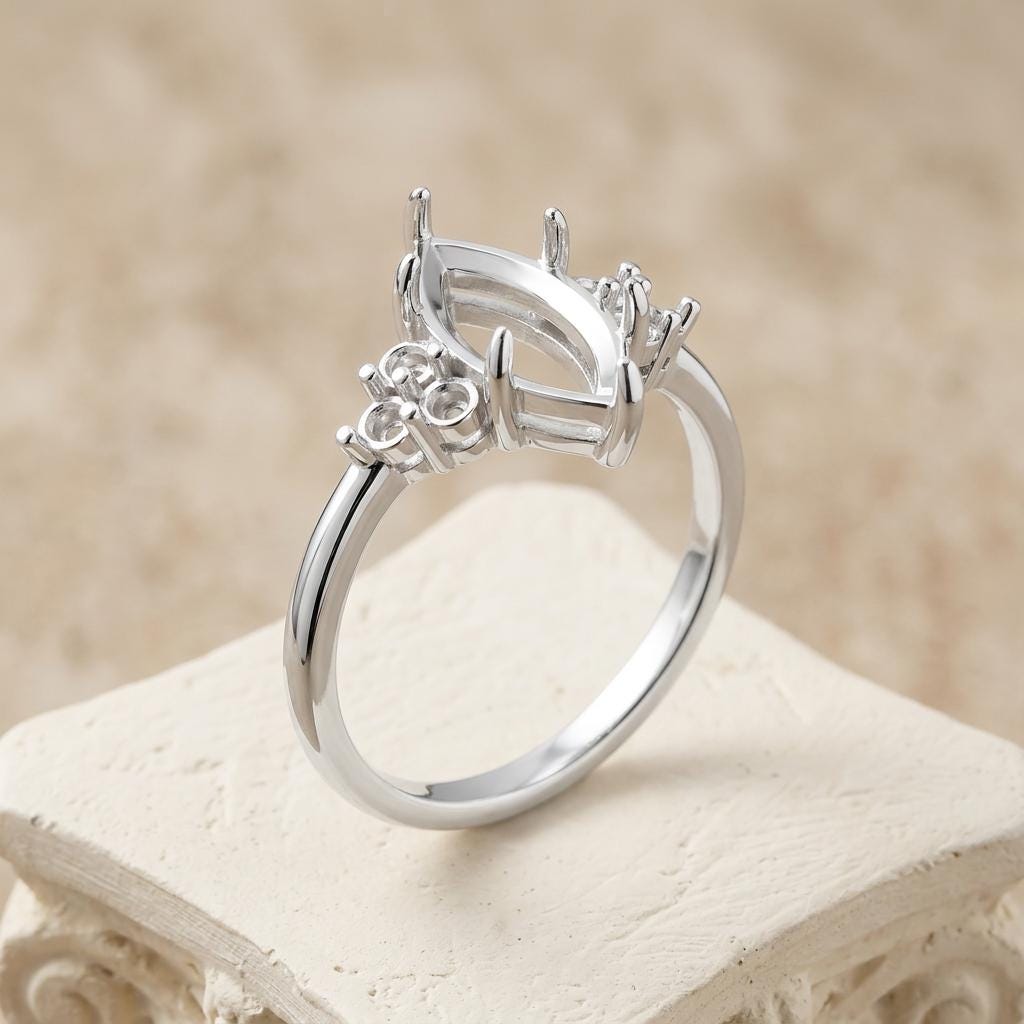 Slim Band Marquise Ring Setting 10x5mm Sterling Silver, Semi Mount Engagement Ring Blank, 6 Prong Head, 6 Side Seats, Setting Only