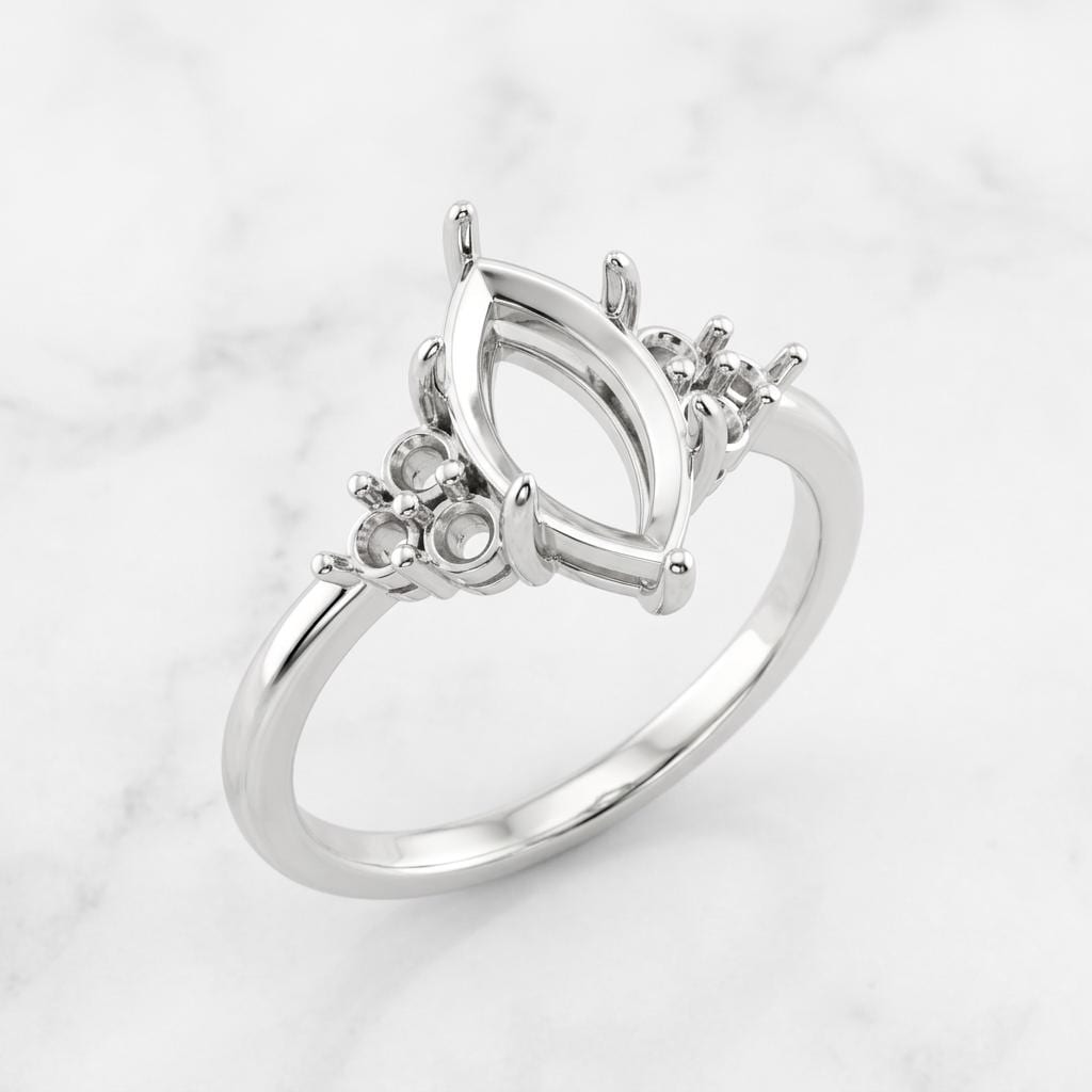 Slim Band Marquise Ring Setting 10x5mm Sterling Silver, Semi Mount Engagement Ring Blank, 6 Prong Head, 6 Side Seats, Setting Only