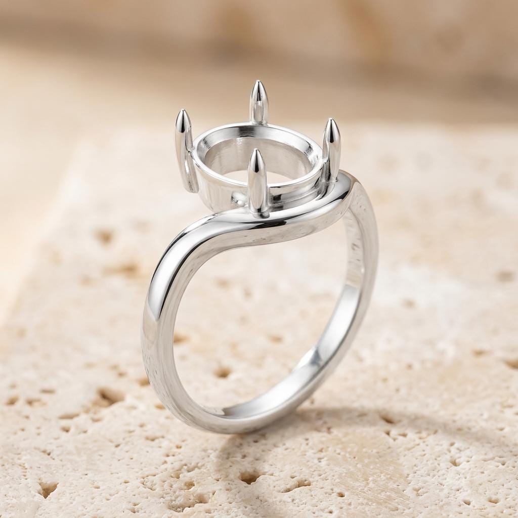 925 Sterling Silver Oval Ring Mount 8x6mm, East West Bypass 4-Prong Semi Mount, Wedding Ring Base Setting Only