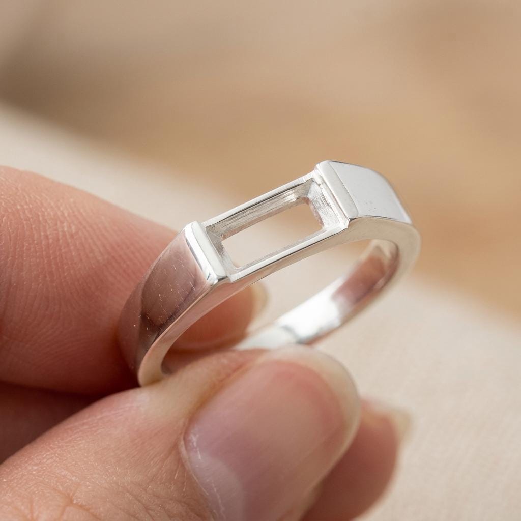 Baguette Semi Mount Ring Setting 7x3mm, 925 Sterling Silver East West Bar Ring Mount, Minimalist Empty Setting for DIY