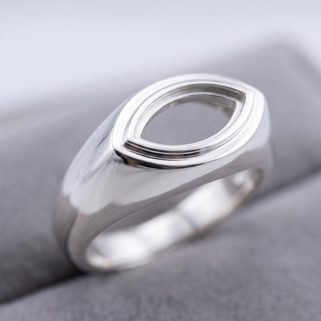 Empty Marquise Signet Ring Setting 12x6mm, Blank 925 Silver Wide Band Bezel Mount for Promise Ring, Setting Only
