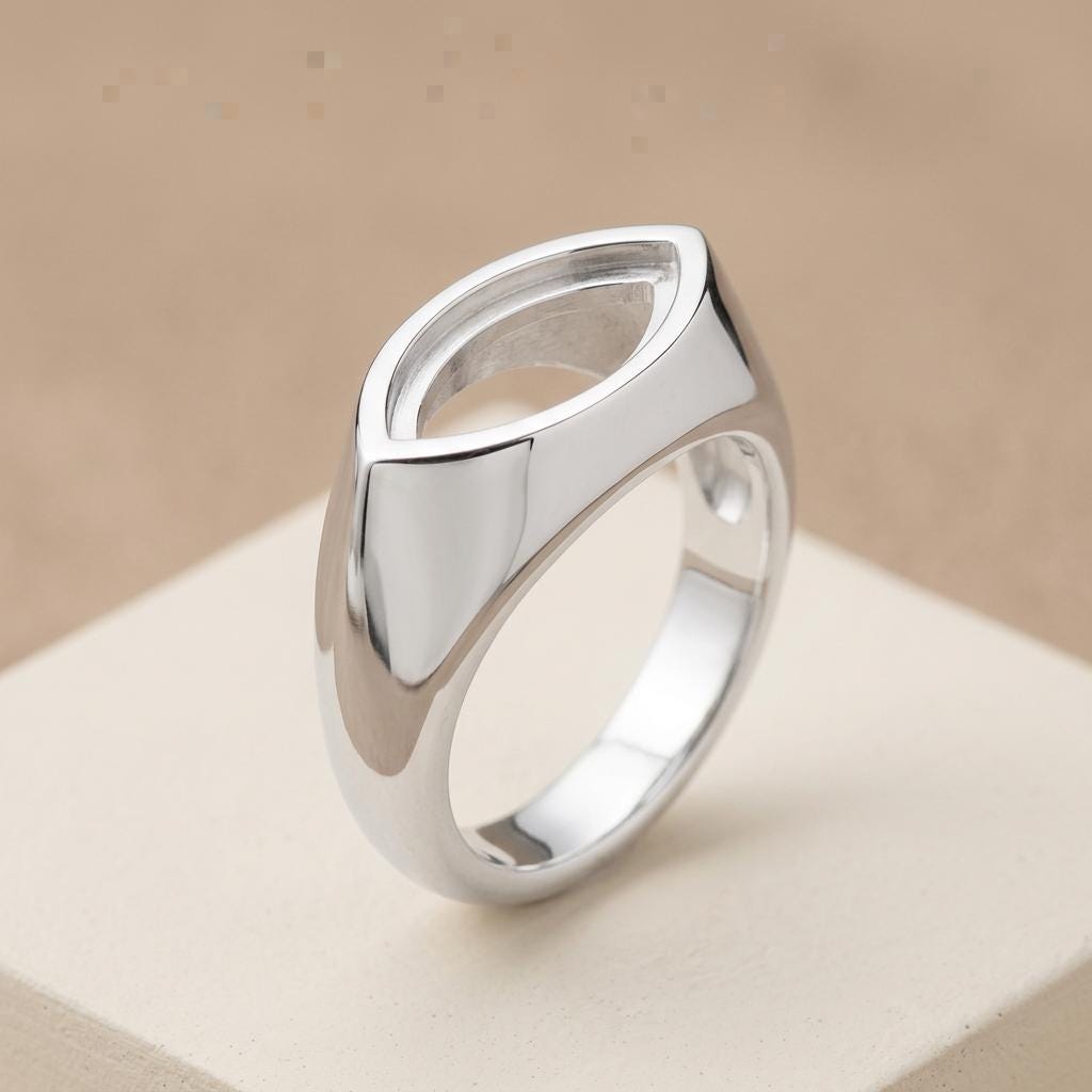 Empty Marquise Signet Ring Setting 12x6mm, Blank 925 Silver Wide Band Bezel Mount for Promise Ring, Setting Only