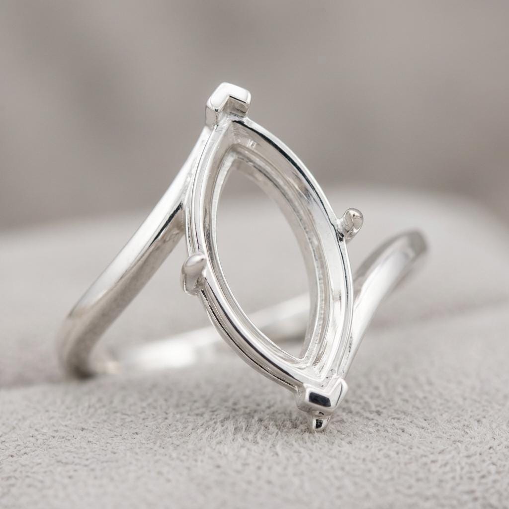Unset Ring Mount Marquise 15x7.5mm, 925 Sterling Silver Bypass Band Semi Mount Setting, 4 Prong Head, DIY Jewelry Making