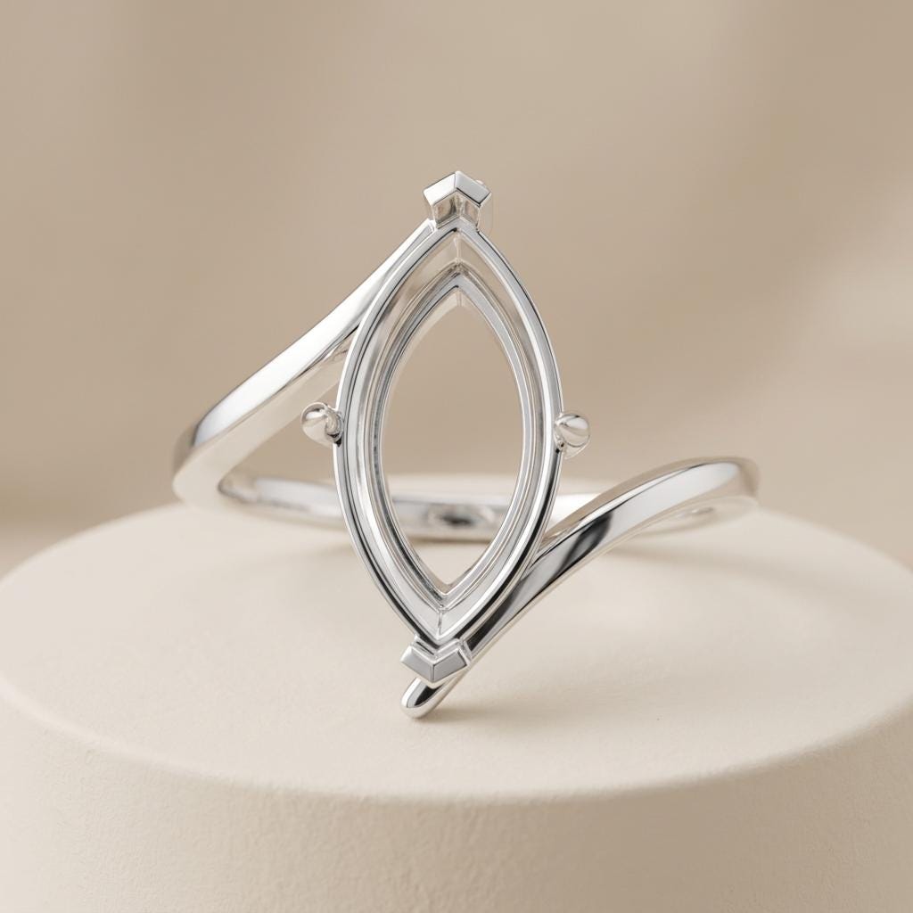 Unset Ring Mount Marquise 15x7.5mm, 925 Sterling Silver Bypass Band Semi Mount Setting, 4 Prong Head, DIY Jewelry Making