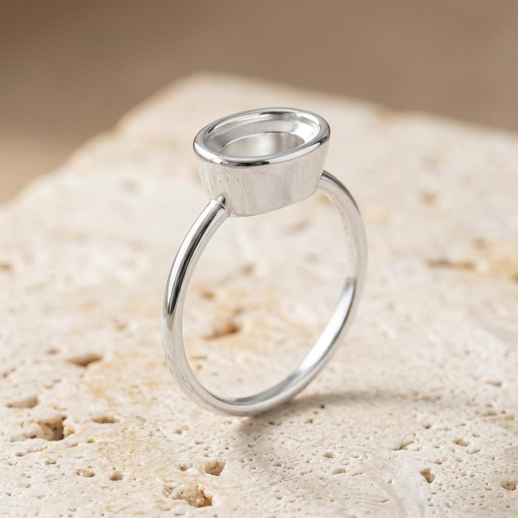 Oval Semi Mount Ring Setting 7x5mm, 925 Sterling Silver Bezel Ring Mount, Dainty Empty Bezel Cup Setting for DIY