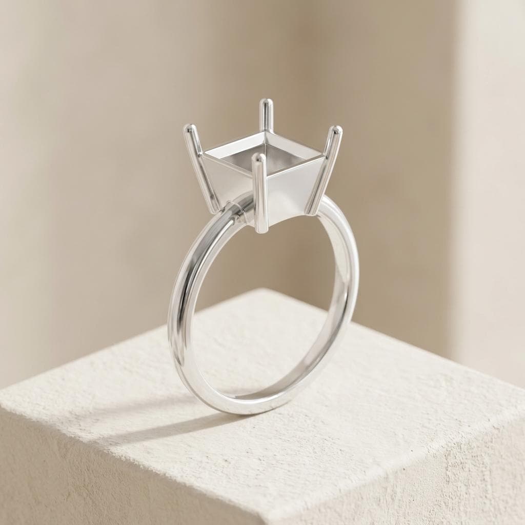 Unset Ring Mount Princess 6.5mm Square, 925 Silver Setting Without Center Piece, 4 Prong Solitaire Semi Mount for Jewelers