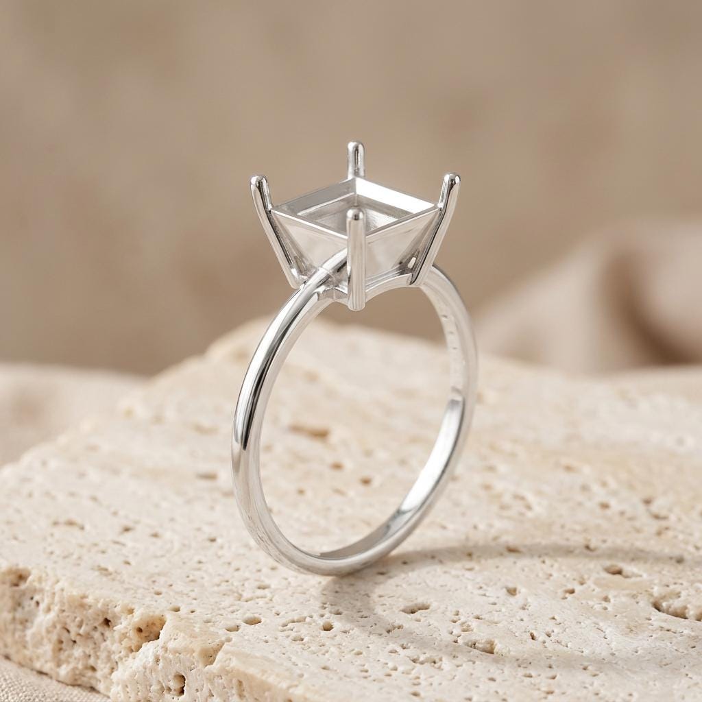 Unset Ring Mount Princess 6.5mm Square, 925 Silver Setting Without Center Piece, 4 Prong Solitaire Semi Mount for Jewelers