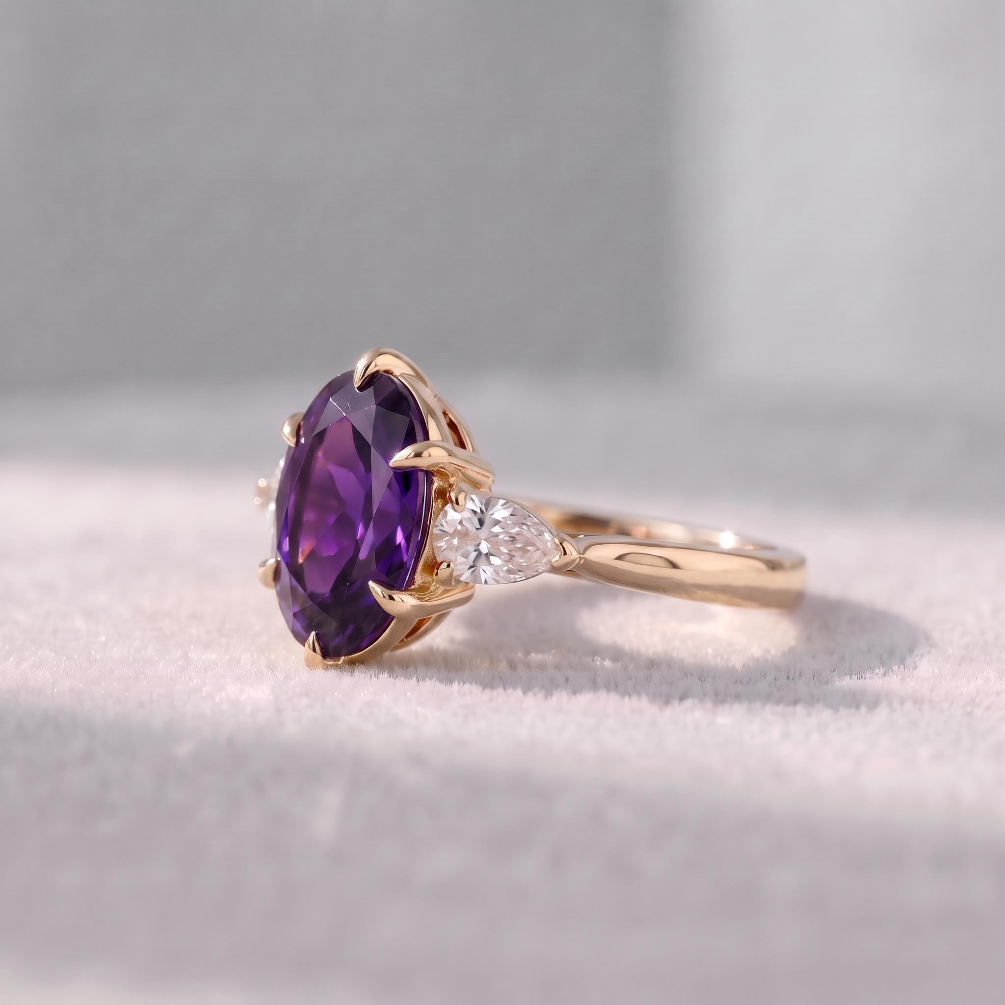 Oval Amethyst-Colored CZ Three-Stone Ring in 925 Sterling Silver