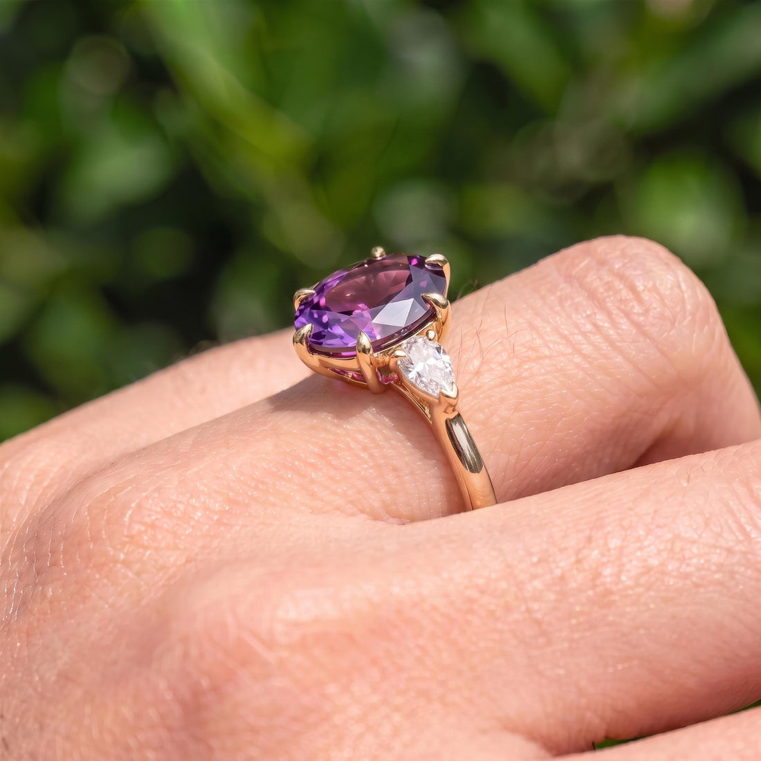Oval Amethyst-Colored CZ Three-Stone Ring in 925 Sterling Silver