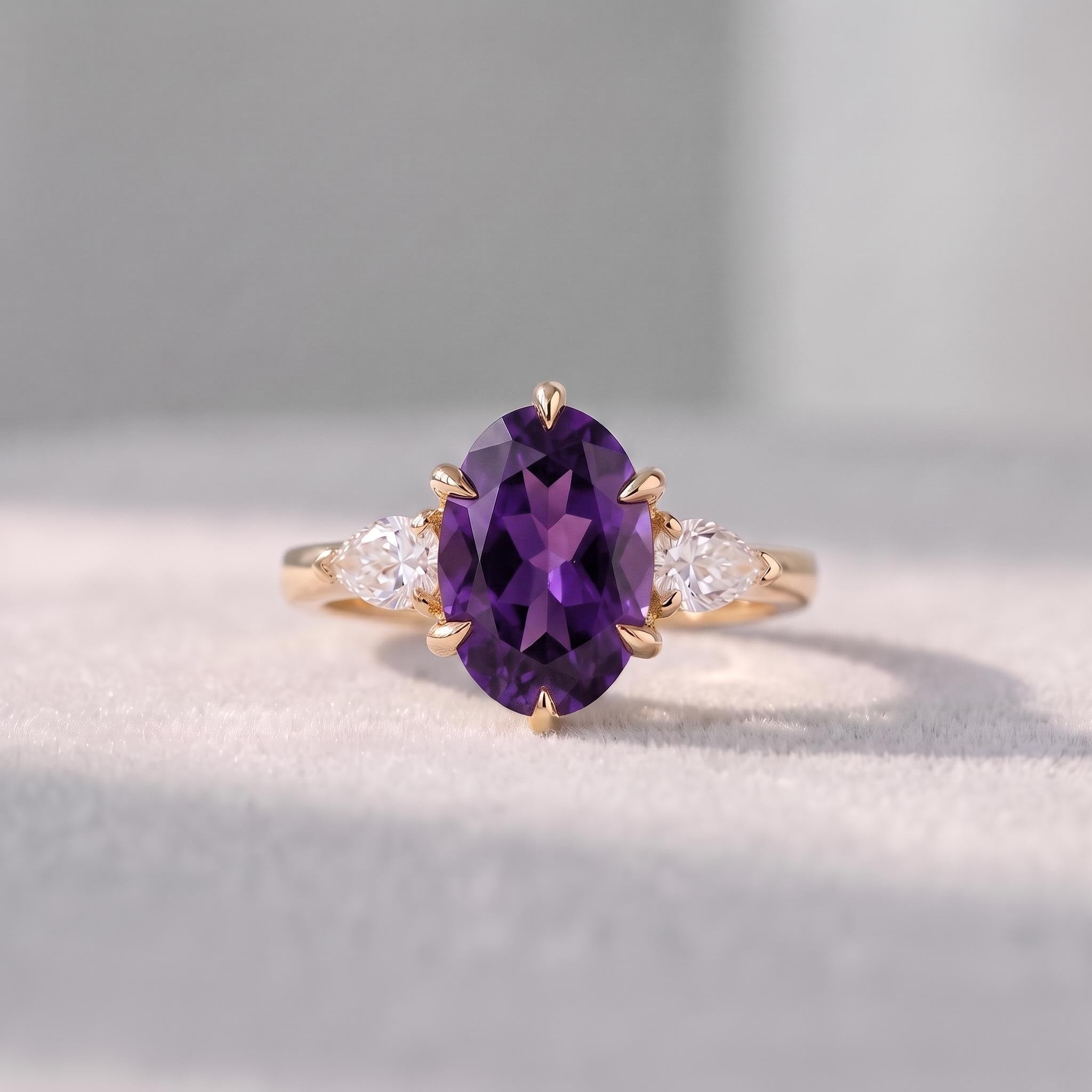 Oval Amethyst-Colored CZ Three-Stone Ring in 925 Sterling Silver