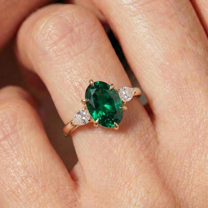 Oval Emerald & Pear Diamond Three Stone Engagement Ring | 14K Gold May Birthstone Ring | Anniversary Gift for Her | Dainty Gemstone Ring