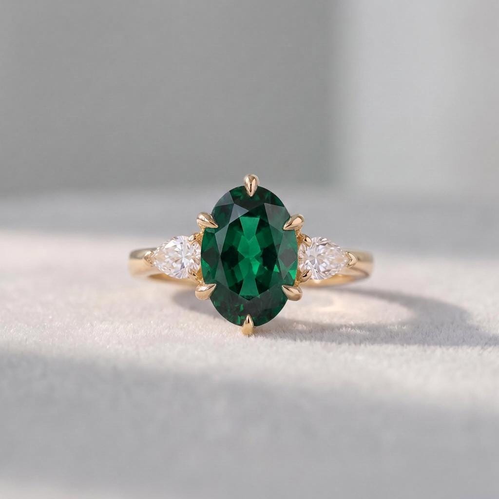 Oval Emerald & Pear Diamond Three Stone Engagement Ring | 14K Gold May Birthstone Ring | Anniversary Gift for Her | Dainty Gemstone Ring