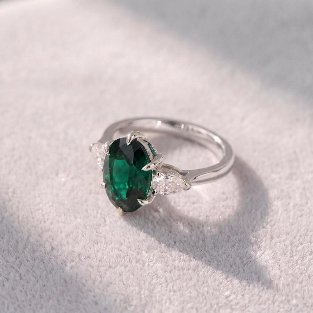 Oval Emerald & Pear Diamond Three Stone Engagement Ring | 14K Gold May Birthstone Ring | Anniversary Gift for Her | Dainty Gemstone Ring