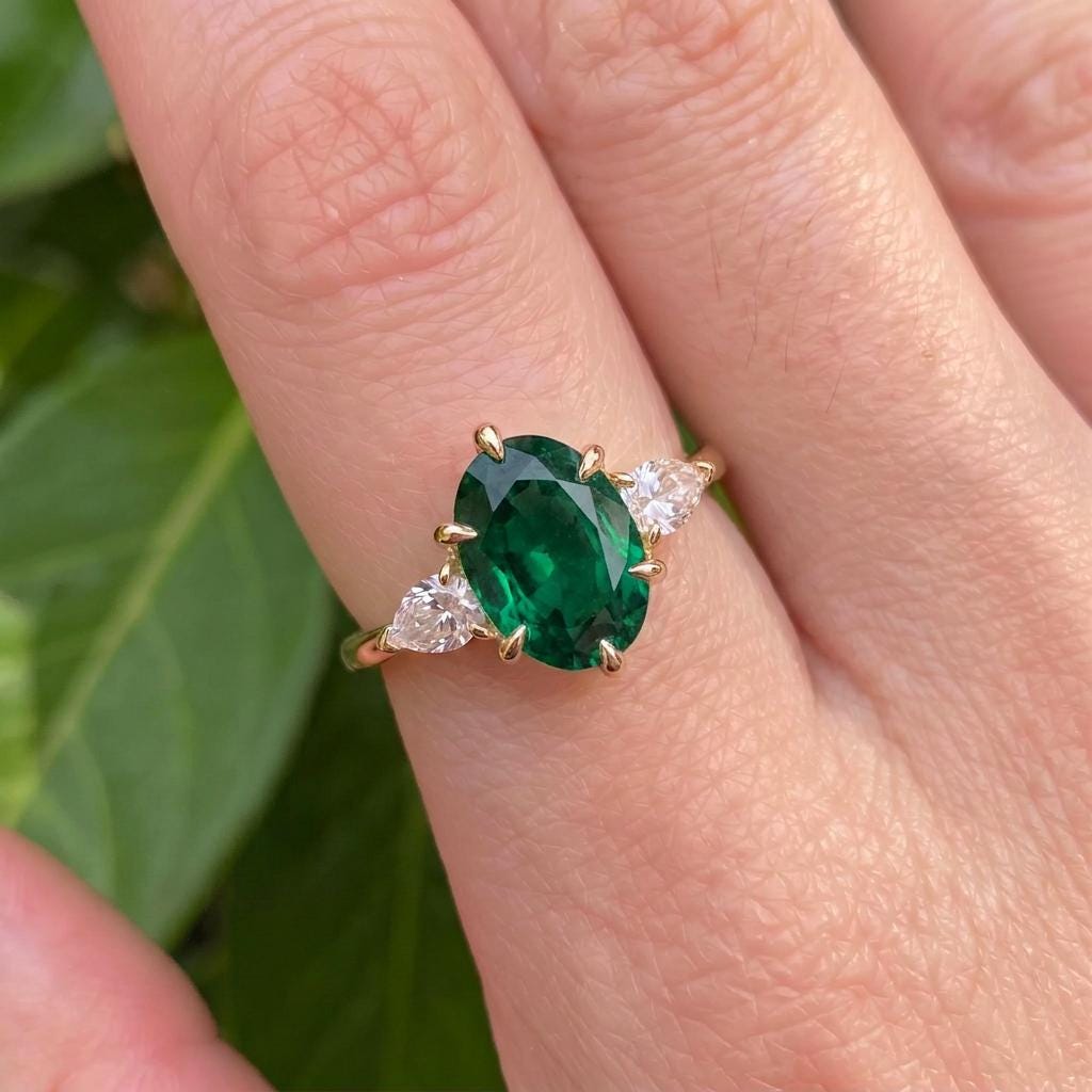 Oval Emerald & Pear Diamond Three Stone Engagement Ring | 14K Gold May Birthstone Ring | Anniversary Gift for Her | Dainty Gemstone Ring
