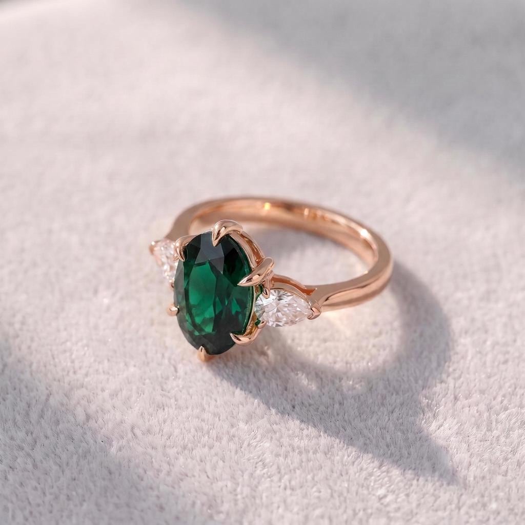 Oval Emerald & Pear Diamond Three Stone Engagement Ring | 14K Gold May Birthstone Ring | Anniversary Gift for Her | Dainty Gemstone Ring