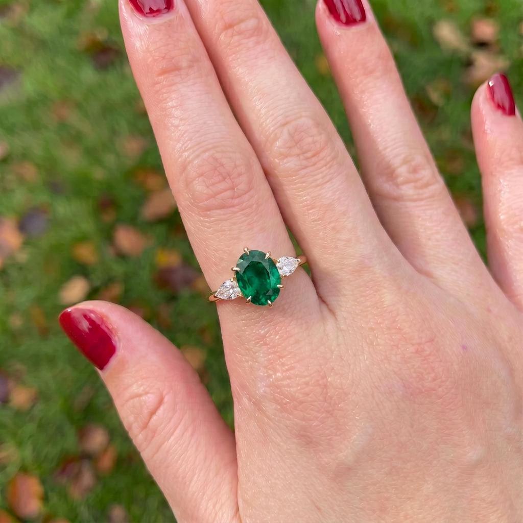 Oval Emerald & Pear Diamond Three Stone Engagement Ring | 14K Gold May Birthstone Ring | Anniversary Gift for Her | Dainty Gemstone Ring