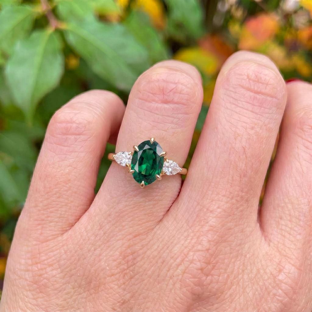 Oval Emerald & Pear Diamond Three Stone Engagement Ring | 14K Gold May Birthstone Ring | Anniversary Gift for Her | Dainty Gemstone Ring