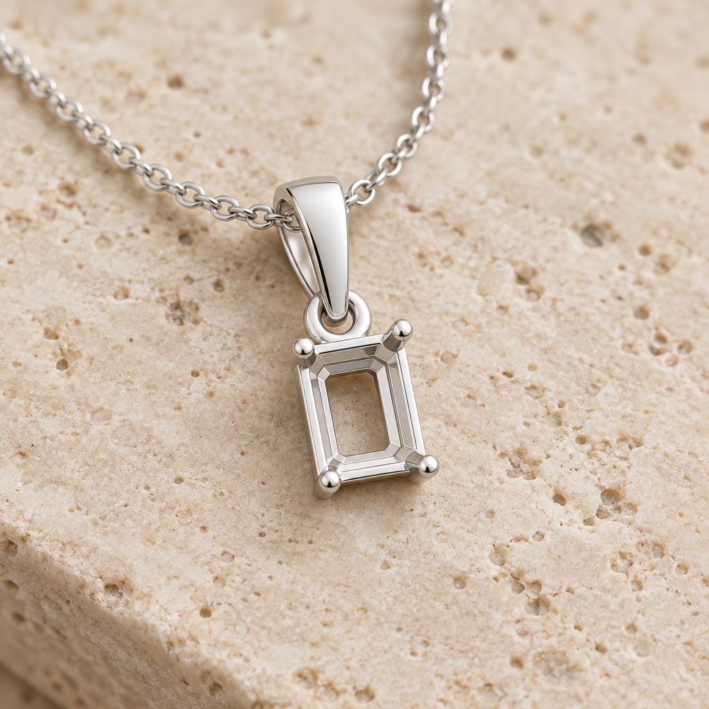 Emerald Cut Semi Mount Pendant Setting, 925 Sterling Silver 4 Prong Pendant Mount, Empty Pendant Setting for DIY