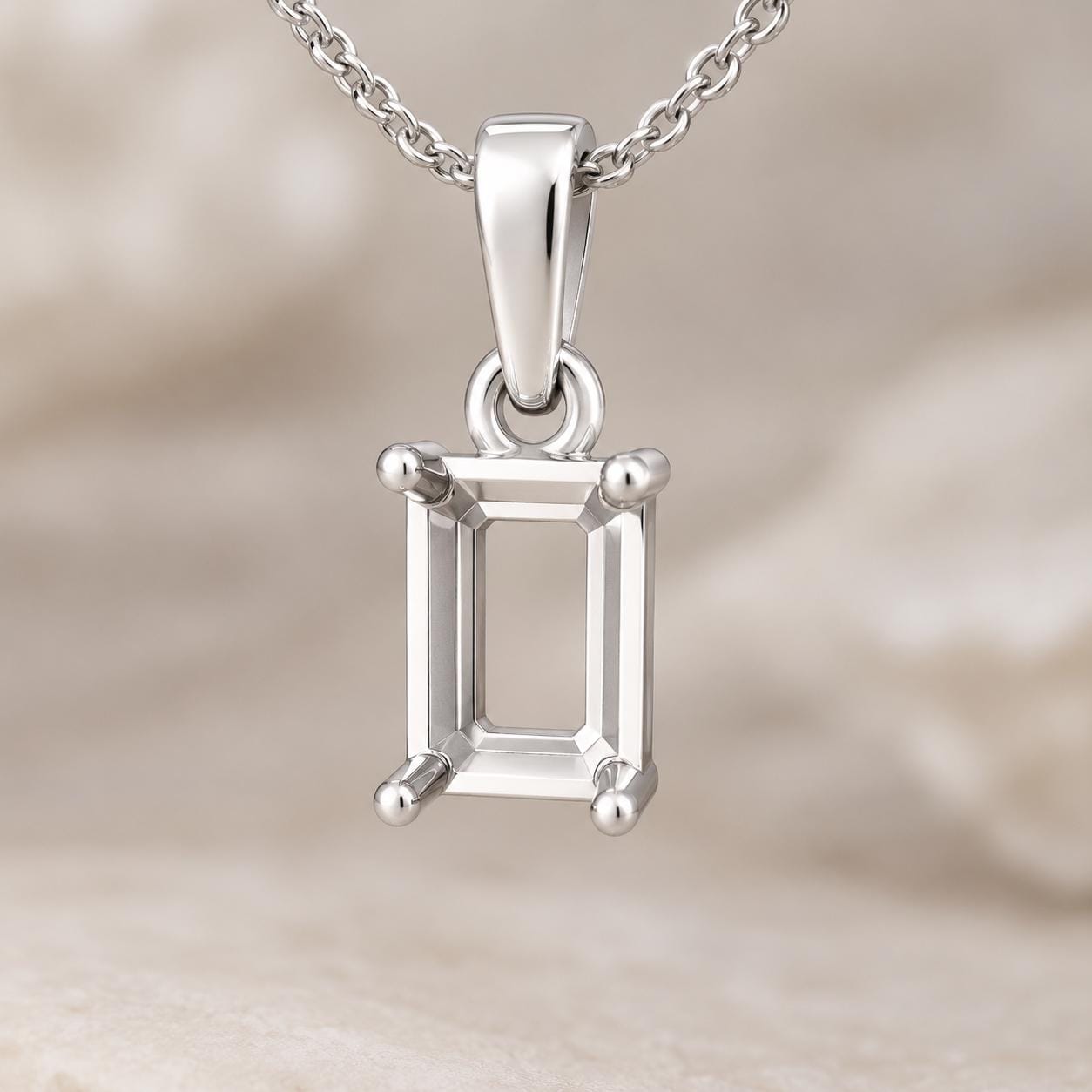 Emerald Cut Semi Mount Pendant Setting, 925 Sterling Silver 4 Prong Pendant Mount, Empty Pendant Setting for DIY