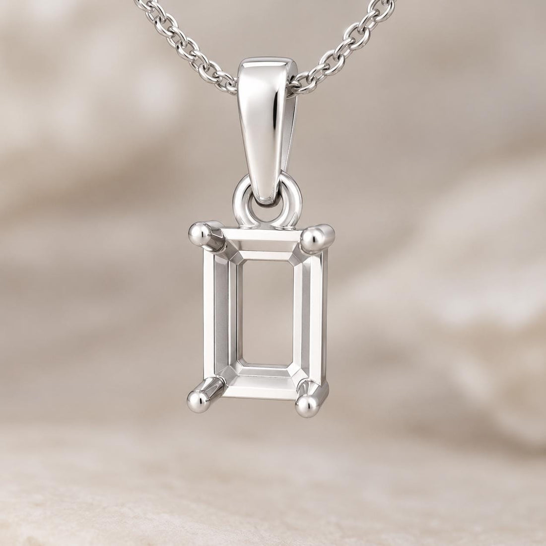 Emerald Cut Semi Mount Pendant Setting, 925 Sterling Silver 4 Prong Pendant Mount, Empty Pendant Setting for DIY