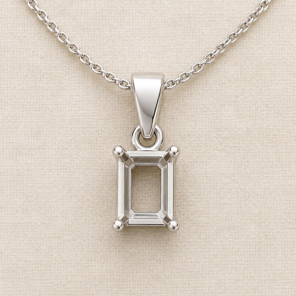 Emerald Cut Semi Mount Pendant Setting, 925 Sterling Silver 4 Prong Pendant Mount, Empty Pendant Setting for DIY