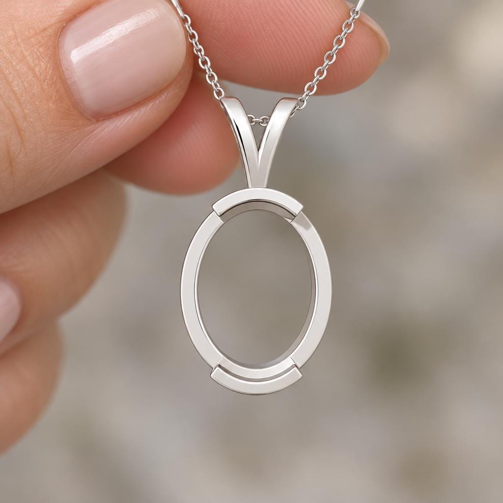 Oval Bezel Pendant Setting 9x7mm, Empty 925 Sterling Silver Pendant Mount with Looped Bail, Blank Necklace Setting for DIY