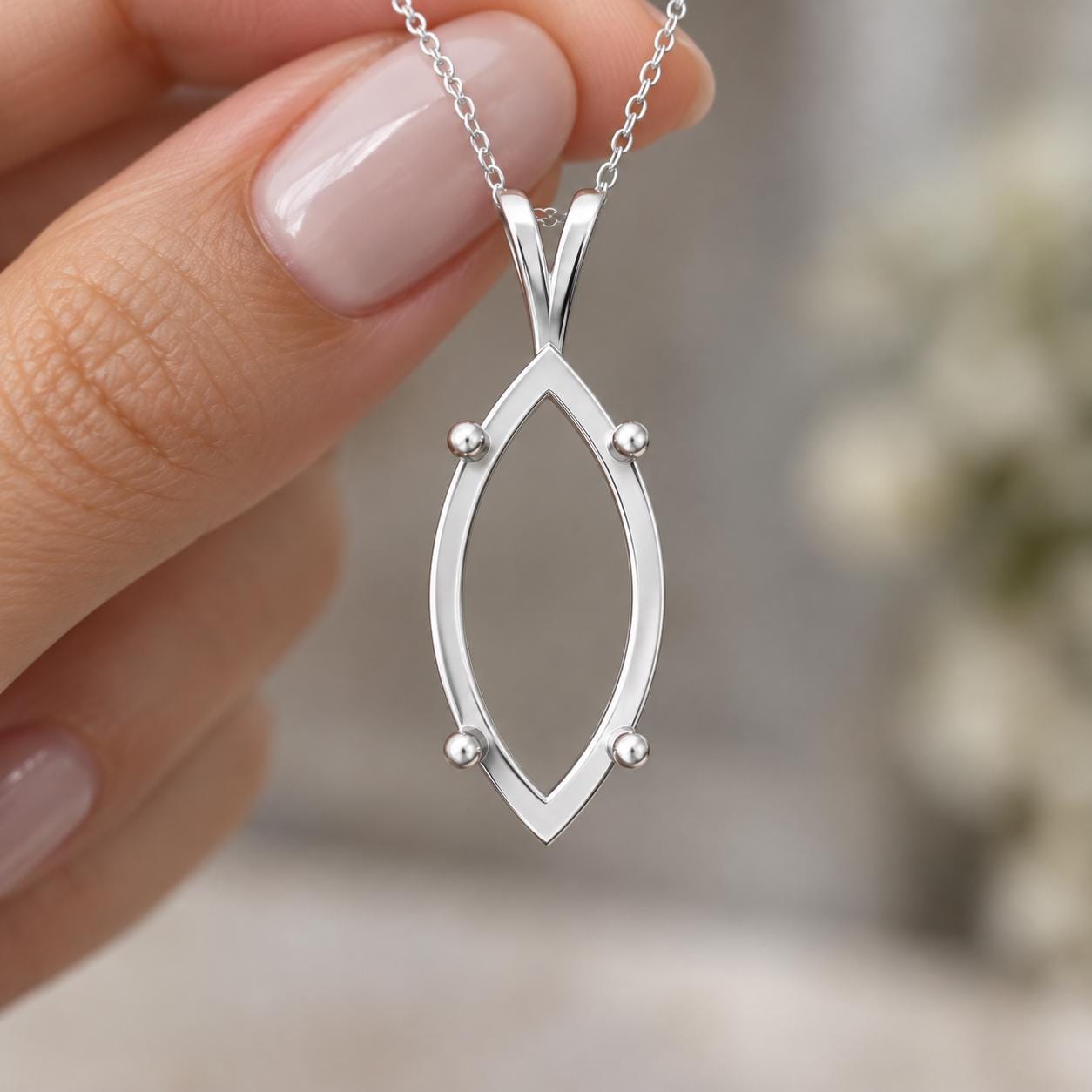Marquise Pendant Mount 14x7mm, 4 Ball Tip Prong Semi Mount Pendant Setting, Unset Necklace Blank for Jewelers