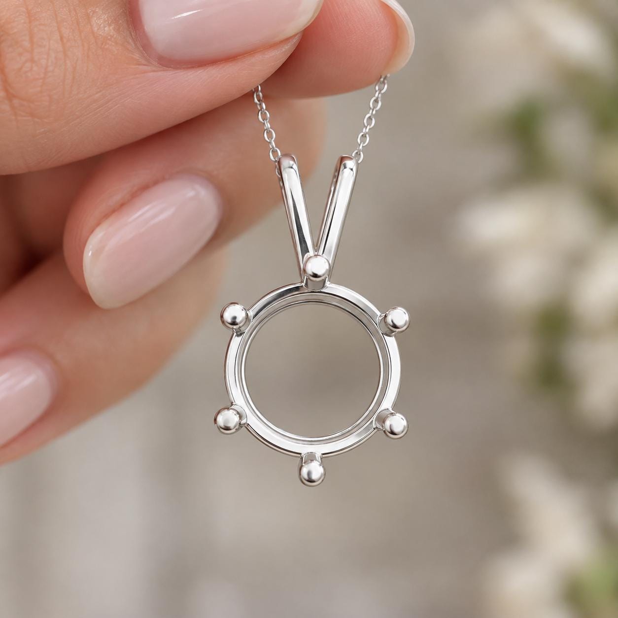 Round Pendant Semi Mount 9mm, 6-Prong Sterling Silver Setting with V Bail, Empty Necklace Pendant Mount, Made to Order