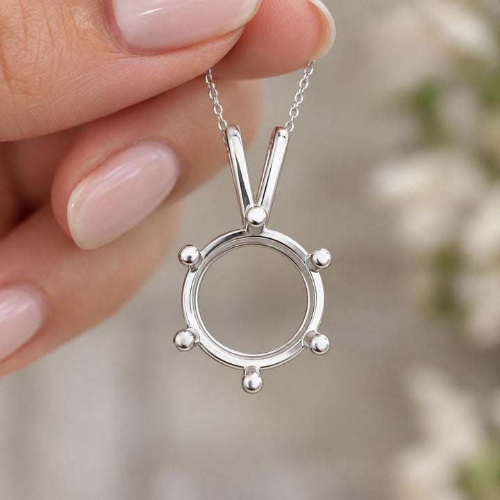 Round Pendant Semi Mount 9mm, 6-Prong Sterling Silver Setting with V Bail, Empty Necklace Pendant Mount, Made to Order