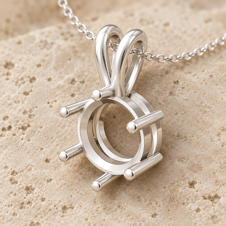 Round Pendant Semi Mount 9mm, 6-Prong Sterling Silver Setting with V Bail, Empty Necklace Pendant Mount, Made to Order