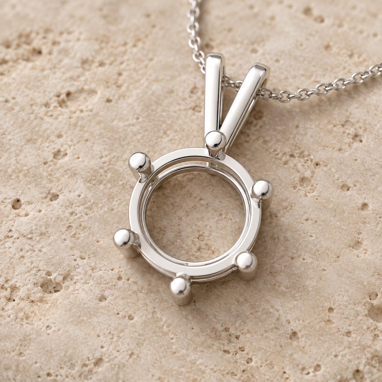 Round Pendant Semi Mount 9mm, 6-Prong Sterling Silver Setting with V Bail, Empty Necklace Pendant Mount, Made to Order