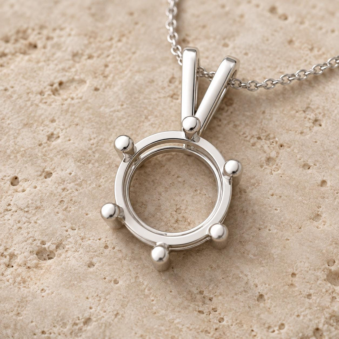Round Pendant Semi Mount 9mm, 6-Prong Sterling Silver Setting with V Bail, Empty Necklace Pendant Mount, Made to Order
