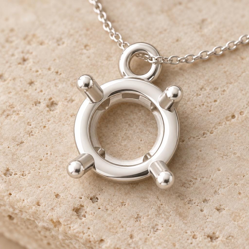 Blank Pendant Setting 7mm Round, 4 Prong Basket 925 Silver Semi Mount, Jump Ring Bail, Setting Only for DIY Necklace