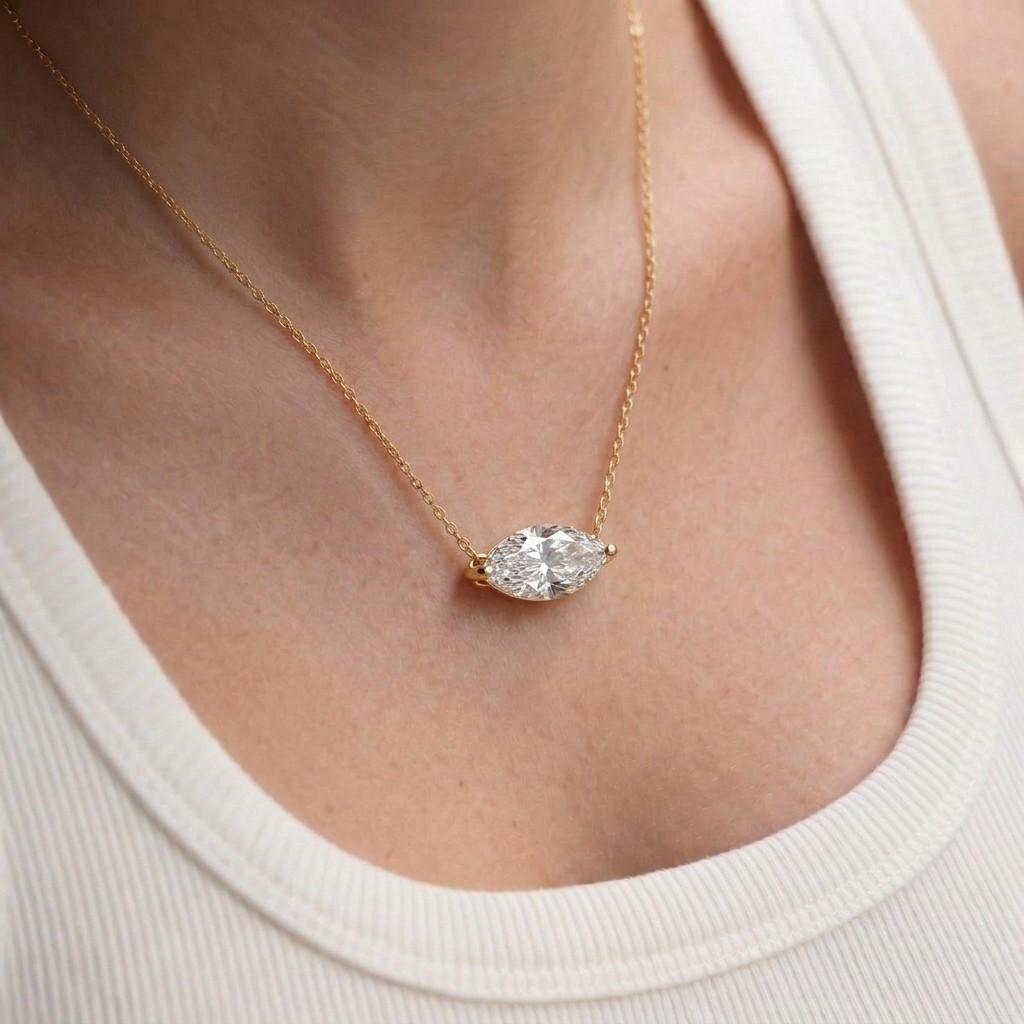 Moissanite Marquise Necklace, East West Solitaire Pendant, 13x6.5mm 2ct Diamond Alternative, Dainty Minimalist Anniversary Gift for Her