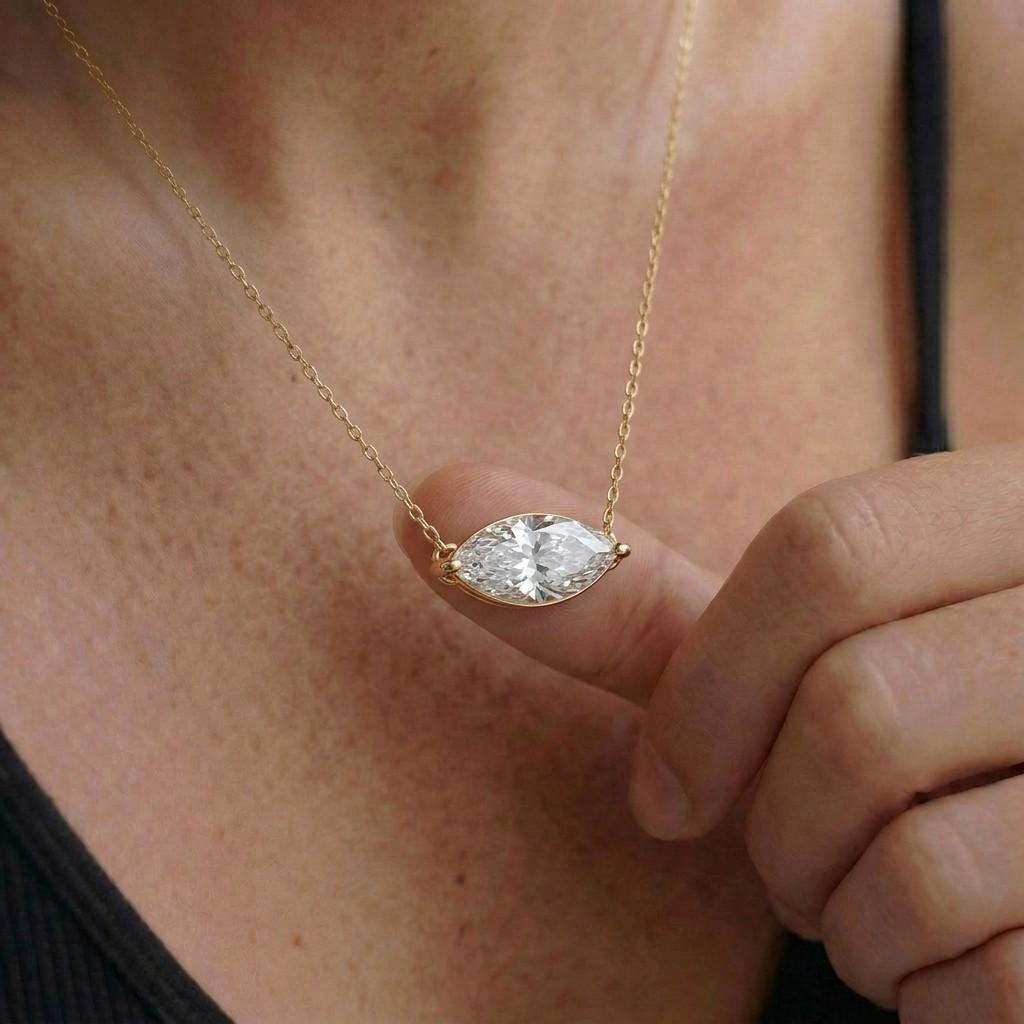 Moissanite Marquise Necklace, East West Solitaire Pendant, 13x6.5mm 2ct Diamond Alternative, Dainty Minimalist Anniversary Gift for Her