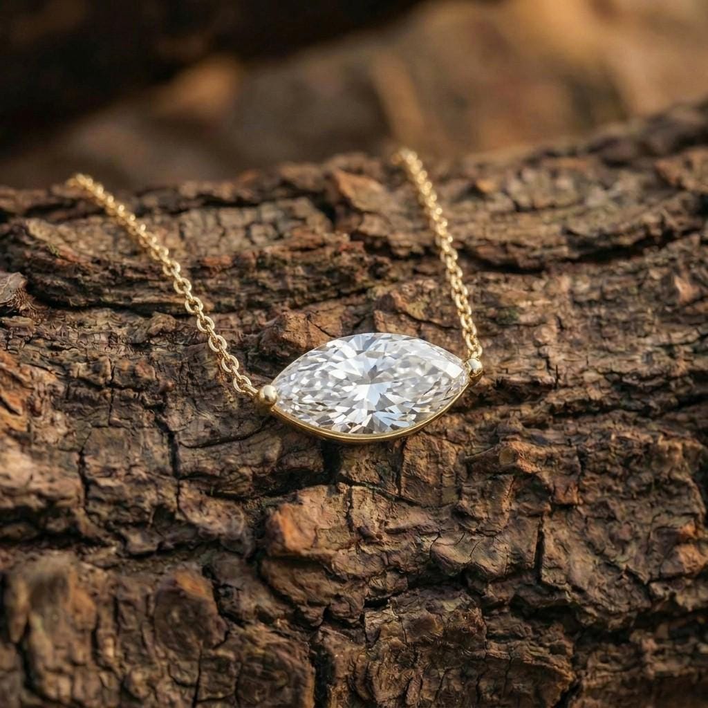 Moissanite Marquise Necklace, East West Solitaire Pendant, 13x6.5mm 2ct Diamond Alternative, Dainty Minimalist Anniversary Gift for Her