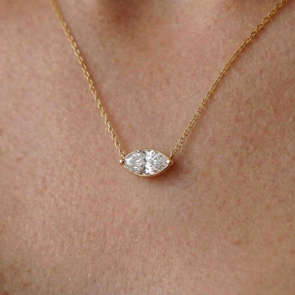 Moissanite Marquise Necklace, East West Solitaire Pendant, 13x6.5mm 2ct Diamond Alternative, Dainty Minimalist Anniversary Gift for Her