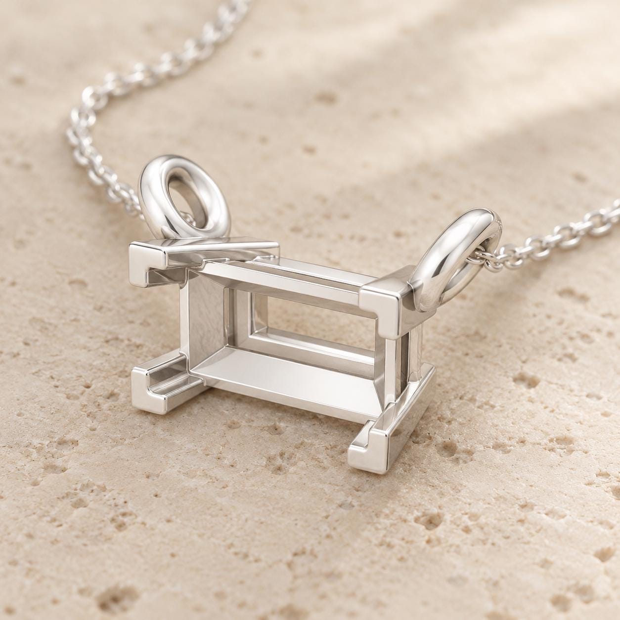 Baguette Pendant Setting 4x2mm, Tiny 925 Silver Semi Mount with 4 Corner Claws and Two Loops, Empty Necklace Blank, Setting Only