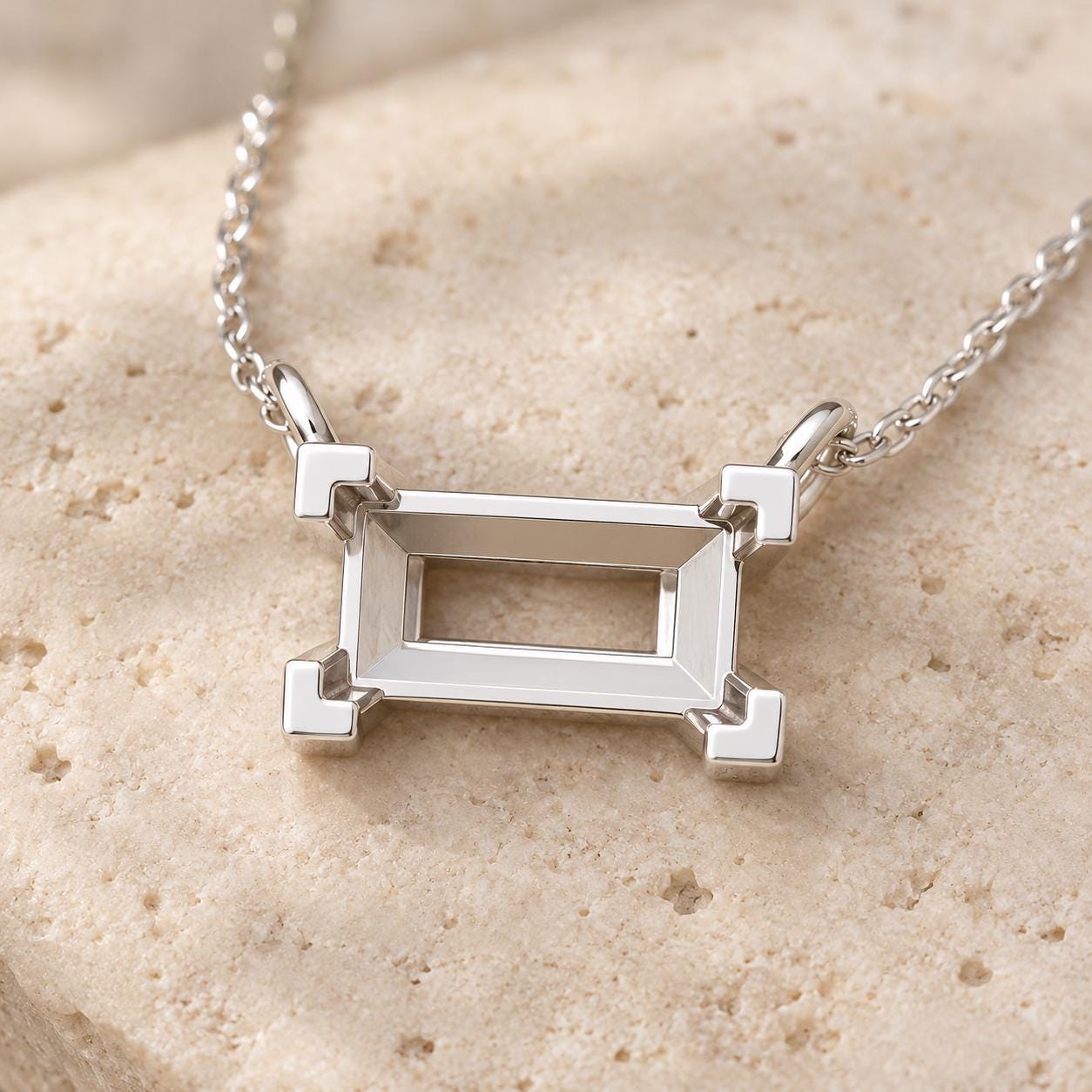Baguette Pendant Setting 4x2mm, Tiny 925 Silver Semi Mount with 4 Corner Claws and Two Loops, Empty Necklace Blank, Setting Only